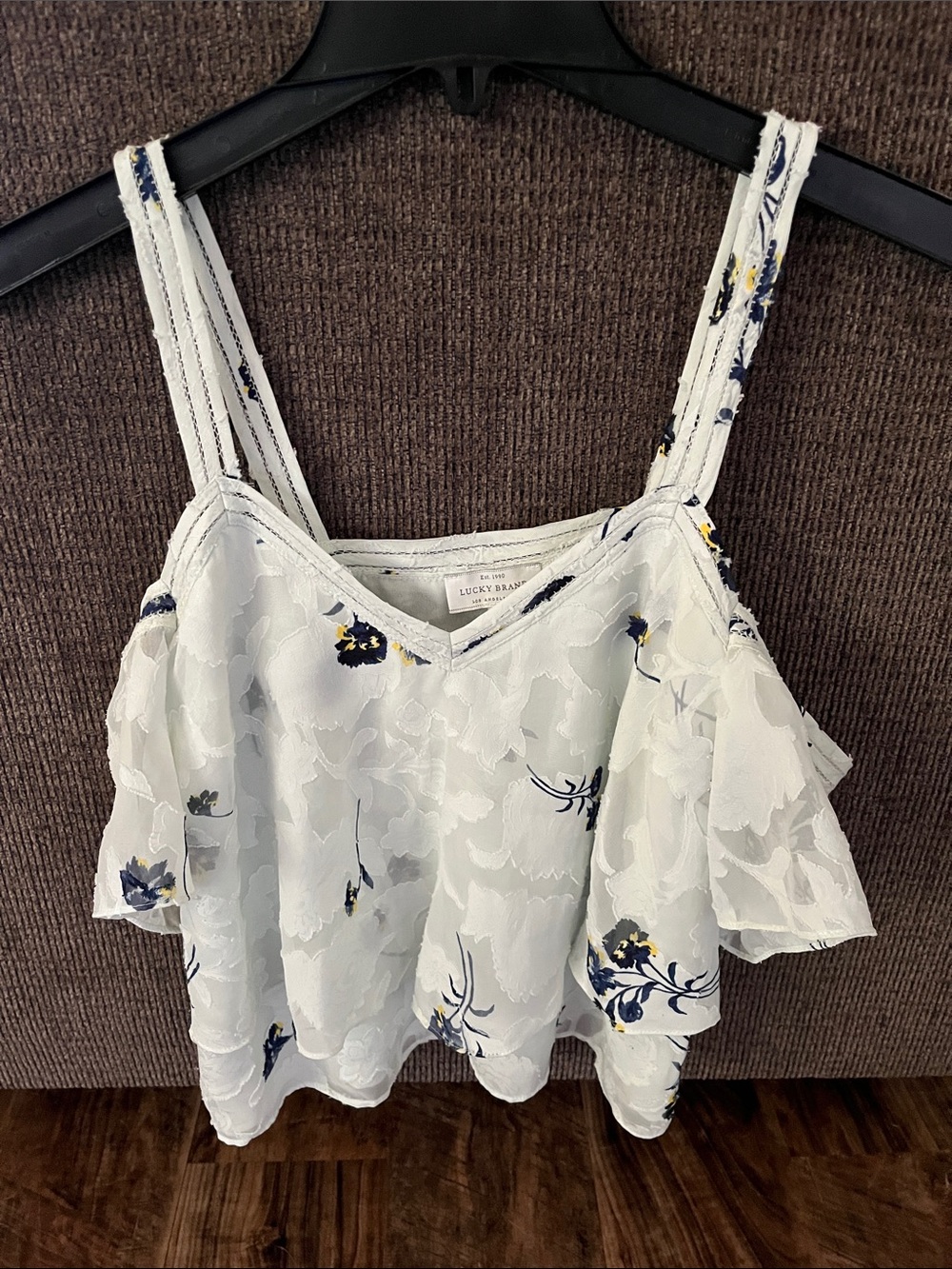 Lucky Brand White Floral Cold-Shoulder Ruffle with Navy Accented Flowers